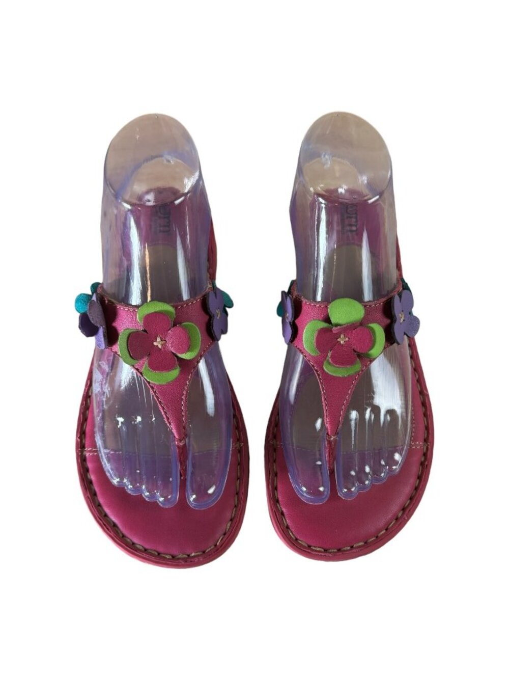 Born Girls Pink Leather Thongs, flip flops w/ green, purple, aqua Flowers size 5